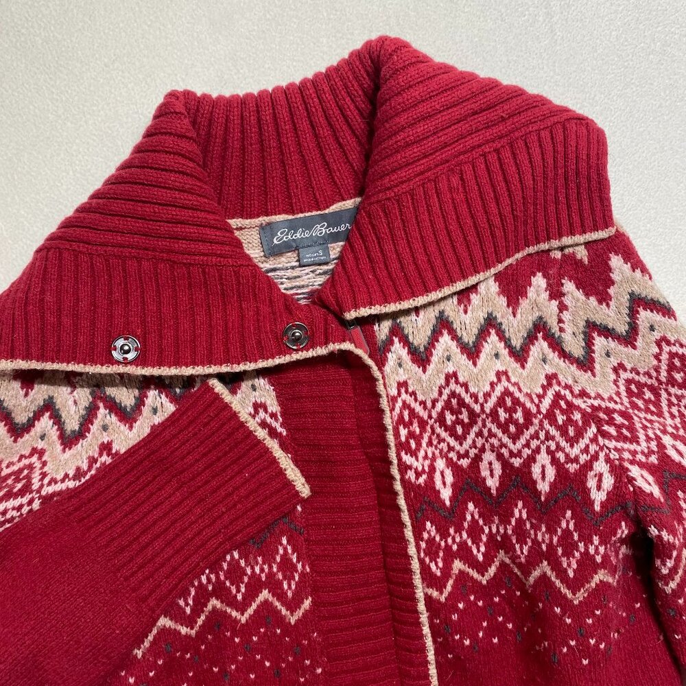 Eddie Bauer Full Zip wool blend Sweater Womans S Red Fair Isle Collard Nordic